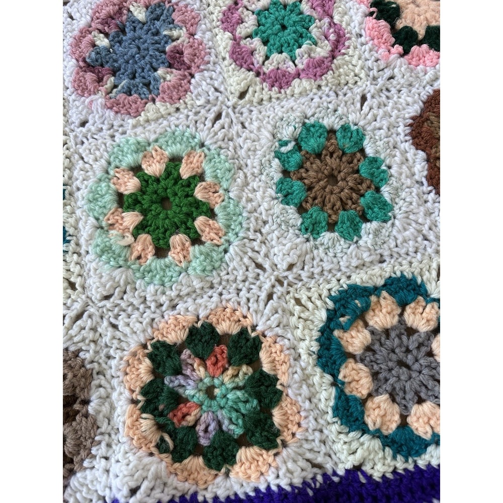 VTG Handmade Granny Square Crochet Afghan Throw Floral Lap Blanket 54x44 Boho - Picture 5 of 12